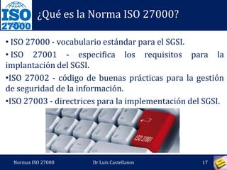 27000
¿Qué es la Norma ISO 27000?
• ISO 27000 - vocabulario estándar para el SGSI.
• ISO 27001 - especifica los requisitos para la
implantación del SGSI.
•ISO 27002 - código de buenas prácticas para la gestión
de seguridad de la información.
•ISO 27003 - directrices para la implementación del SGSI.
Normas ISO 27000 17Dr Luis Castellanos
 