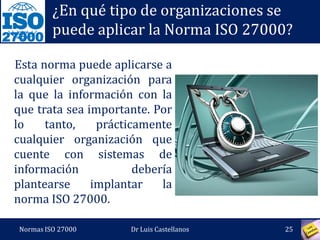27000
¿En qué tipo de organizaciones se
puede aplicar la Norma ISO 27000?
Esta norma puede aplicarse a
cualquier organización para
la que la información con la
que trata sea importante. Por
lo tanto, prácticamente
cualquier organización que
cuente con sistemas de
información debería
plantearse implantar la
norma ISO 27000.
Normas ISO 27000 25Dr Luis Castellanos
 