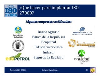 27000
¿Qué hacer para implantar ISO
27000?
Algunas empresas certificadas:
Banco Agrario
Banco de la República
Ecopetrol
Fiduciaria revisora
Inducol
Seguros La Equidad
Normas ISO 27000 39Dr Luis Castellanos
 