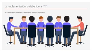 La implementación la debe liderar TI?
No, Cualquier área la podría liderar: Calidad, Riesgos, Auditoría, Control interno
 