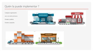 Quién la puede implementar ?
Cualquier organización:
con o sin ánimo de lucro
Privada o pública
Grande o pequeña
 