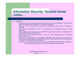 Information Security- General trends
contd…
 However
  –   More than 34% of organizations rate themselves as less than adequate in their ability to
      determine whether their systems are currently under attack.
  –   More than 33% of organizations say they are inadequate in their ability to respond to
      incidents.
  –   Only 34% of organizations claim to be compliant with applicable security –driven
      regulations.
  –   Fifty six percent of organizations cite insufficient budget as the number one obstacle to an
      effective information security posture.
  –   Nearly 60% of organizations say they rarely or never calculate ROI for information
      security spending.
  –   Only 29% of organizations list employee awareness and training as a top area of
      information security spending, compared with 83% of organizations that list technology as
      their top information security spending area.
  –   Only 35% of organizations say they have continuous education and awareness programs.
                 Source: Global Information Security Survey 2003 by Ernst &Young.




                         ISMS Internal Auditor Course
                               Session -1 , V-1
 