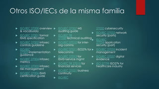 Otros ISO/IECs de la misma familia
 ISO/IEC 27000 overview
& vocabulary
 ISO/IEC 27001 formal
ISMS specification
 ISO/IEC 27002 infosec
controls guideline
 ISO/IEC
27003 implementation
guidance
 ISO/IEC 27004 infosec
metrics
 ISO/IEC 27005 infosec
risk management
 ISO/IEC 27006 ISMS
certification guide
 ISO/IEC 27007 MS
auditing guide
 ISO/IEC TR
27008 technical auditing
 ISO/IEC 27010 for inter-
org comms
 ISO/IEC 27011 ISO27k for
telecomms
 ISO/IEC 27013 for
ISMS+service mgmt
 ISO/IEC TR 27015 for
financial services
 ISO/IEC 27031 business
continuity
 ISO/IEC
27032 cybersecurity
 ISO/IEC 27033 network
security (parts)
 ISO/IEC
27034 application
security (part)
 ISO/IEC 27035 incident
management
 ISO/IEC 27037 digital
evidence
 ISO 27799 ISO27k for
healthcare industry
 