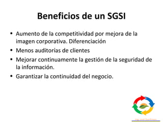 Beneficios de un SGSI
• Aumento de la competitividad por mejora de la
imagen corporativa. Diferenciación
• Menos auditorías de clientes
• Mejorar continuamente la gestión de la seguridad de
la información.
• Garantizar la continuidad del negocio.
 