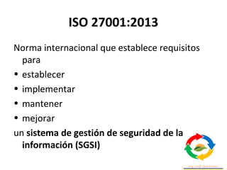 ISO 27001:2013
Norma internacional que establece requisitos
para
• establecer
• implementar
• mantener
• mejorar
un sistema de gestión de seguridad de la
información (SGSI)
 