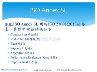 http://www.wanhung.com.tw 版權資訊屬萬弘資訊所有 聯絡資訊:sales@wanhung.com.tw
依照ISO Annex SL 用於ISO 27001:2013的要
求，其標準章節結構如下：
 Context（組織全景)
 leaderShip (領導能力)
 Plan(規劃)
 Support（支持)
 Operation (運作)
 Performance Evaluaton (績效評估)
 Improvement（改善）
ISO Annex SL
 