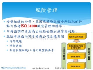 http://www.wanhung.com.tw 版權資訊屬萬弘資訊所有 聯絡資訊:sales@wanhung.com.tw
 考量組織的全景，並因應風險與機會所採取的行
動可參考ISO 31000風險管理的標準。
 不再強調以資產為出發點去識別威脅與弱點
 風險考慮面向可參考與公司目標有關
 內部議題
 外部議題
 利害相關組織/人員之期望與要求
風險管理
 