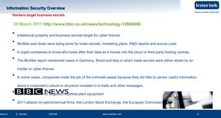 www.intertek.com6
Information Security OverviewInformation Security Overview
Issue 2 © Intertek QATAR www.intertek.com 6
CQIMC LA PPT 2 Ver 0.2 6
Hackers target business secrets
28 March 2011 http://www.bbc.co.uk/news/technology-12864666
• Intellectual property and business secrets target for cyber thieves
• McAfee said deals were being done for trade secrets, marketing plans, R&D reports and source code.
• It urged companies to know who looks after their data as it moves into the cloud or third-party hosting centres.
• The McAfee report mentioned cases in Germany, Brazil and Italy in which trade secrets were either stolen by an
insider or cyber thieves.
• In some cases, companies made the job of the criminals easier because they did little to censor useful information
about a corporate's culture or structure revealed in e-mails and other messages.
• 2010 -Stuxnet virus targeted industrial plant equipment.
• 2011-attacks on petrochemical firms, the London Stock Exchange, the European Commission .
 