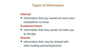 Types of Information
Internal
● Information that you would not want your
competitors to know
Customer/client
● Information that they would not wish you
to divulge
Shared
● Information that may be shared with
other trading partners/persons
 