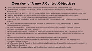 A.5 Information Security Policies: Establishes management direction for information security.
A.6 Organization of Information Security: Defines internal roles and responsibilities, along with third-party
relationships.
A.7 Human Resource Security: Controls applied before, during, and after employment to manage personnel risks.
A.8 Asset Management: Protects organizational assets through appropriate asset inventory and usage.
A.9 Access Control: Ensures only authorized users have access to information.
A.10 Cryptography: Implements proper use of cryptographic techniques to protect information confidentiality and
integrity.
A.11 Physical and Environmental Security: Protects the organization’s physical environment to prevent
unauthorized access or damage.
A.12 Operations Security: Focuses on the secure operation of information processing facilities, including
protection from malware and secure backup.
A.13 Communications Security: Ensures the protection of information in networks and information transfer.
A.14 System Acquisition, Development, and Maintenance: Addresses security aspects in the development life
cycle.
A.15 Supplier Relationships: Manages security risks associated with external suppliers.
A.16 Information Security Incident Management: Establishes processes for reporting and responding to
information security incidents.
A.17 Information Security Aspects of Business Continuity Management: Ensures information security continuity in
case of business disruptions.
A.18 Compliance: Ensures compliance with legal, regulatory, and contractual requirements.
Overview of Annex A Control Objectives
 