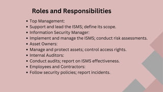 Top Management:
Support and lead the ISMS; define its scope.
Information Security Manager:
Implement and manage the ISMS; conduct risk assessments.
Asset Owners:
Manage and protect assets; control access rights.
Internal Auditors:
Conduct audits; report on ISMS effectiveness.
Employees and Contractors:
Follow security policies; report incidents.
Roles and Responsibilities
 