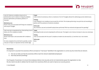 © 2014 Neupart 12
Awareness
It’s  important  to  ascertain  the  awareness  efforts  are  based  on  “real  issues”  identified  in  the  organisation  or  current  security trends that are relevant.
 How do we make sure that the awareness efforts reach the relevant stakeholders/employees?
 Have they learned something?
One the goals of awareness is to ensure that employees behave more securely and do not inadvertently expose the organisation to risks
We also need to be able to validate that the results from awareness efforts are used to improve our security posture.
Costs for fixing non-compliance issues such as
administrative work in relation to fixing the problems
(process optimization, procedures, policies or IT
controls).
Method/sources:
Review total costs associated with fixing non-compliance
with annual IT-budget.
Target
Under normal circumstances, there is a maximum of 20% of IT-budgets allowed for addressing security related issues.
Findings
Costs relating to non-compliance issue exceed the 20% limit. This includes performing a new pen-test and reworking of
policies with the assistance of external consultants.
Action plan
Has a business case and cost-benefit analysis been performed? Who has reviewed and approved the spending?
Total costs due to reputational loss, financial fines, loss of
clients, etc.) Per compliance incident.
Method/sources:
Review total impact costs associated with compliance
issue.
For many companies this can be hard to quantify, so often
it focuses on impact on reputation and loss market edge.
Target
Recording the total cost and comparing this with last year. The target is not to have an increase in costs, but a decrease.
Finding
Total cost associated with this year’s compliance incidents has decreased by 15 % and there was 1 less incident.
Action plan
None
 