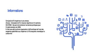 Composé de 10 chapitres et une annexe.
Annexe : Composée de 114 mesures réparties en 14 sections.
ISO 27002 : Qui permet de donner les bonnes pratiques pour
l’implémentation du SMSI.
Il n'est pas admis qu'une organisation s'affranchisse de l'une des
exigences spécifiées aux chapitres 4 à 10 lorsqu'elle revendique la
conformité
Informations
 