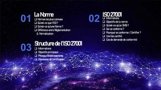 ❑ Normes les plus connues
❑ Qu’est-ce que l’ISO ?
❑ Qu’est-ce qu’une Norme ?
❑ Différence entre Réglementation
& Normalisation
La Norme
01 ❑ Informations
❑ Objectifs de la norme
❑ Qu’est-ce qu’un SMSI ?
❑ Qui se conforme ?
❑ Pourquoi se conformer / Certifier ?
❑ Une fois certifié
❑ Cas de demande de conformité
ISO 27001
02
❑ Informations
❑ Objectifs principaux
❑ Phases d'établissements
❑ Processus de certification
Structure de l’ISO 27001
03
 
