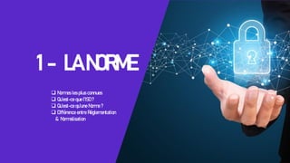 1 - LA NORME
❑ Normes les plus connues
❑ Qu’est-ce que l’ISO ?
❑ Qu’est-ce qu’une Norme ?
❑ Différence entre Réglementation
& Normalisation
 