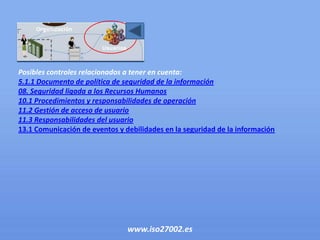 Posibles controles relacionados a tener en cuenta:
5.1.1 Documento de política de seguridad de la información
08. Seguridad ligada a los Recursos Humanos
10.1 Procedimientos y responsabilidades de operación
11.2 Gestión de acceso de usuario
11.3 Responsabilidades del usuario
13.1 Comunicación de eventos y debilidades en la seguridad de la información




                                www.iso27002.es
 