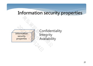 27
Information security properties
Information
security
properties
Confidentiality
Integrity
Availability
 