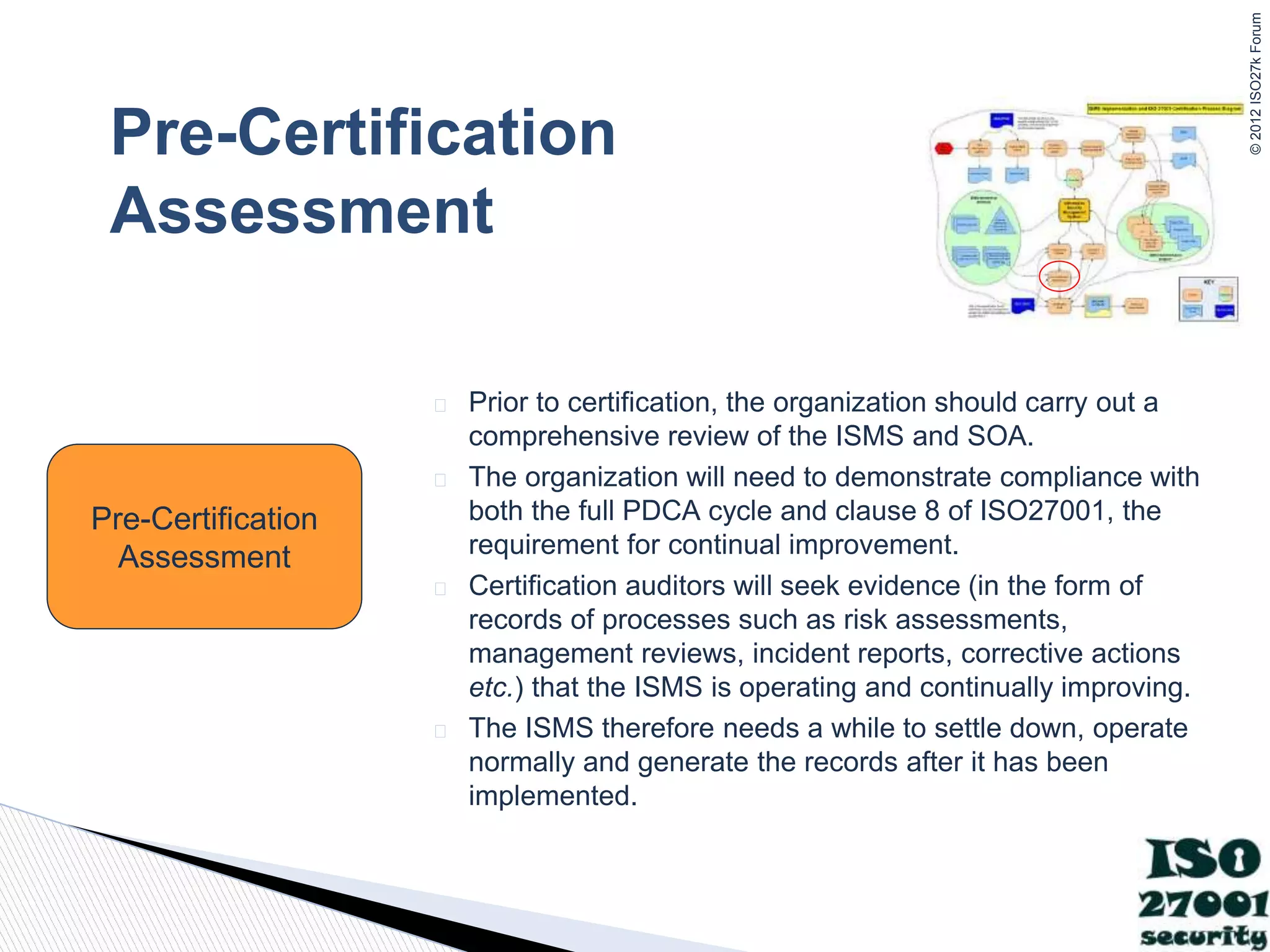 ©
2012
ISO27k
Forum
Pre-Certification
Assessment
� Prior to certification, the organization should carry out a
comprehensive review of the ISMS and SOA.
� The organization will need to demonstrate compliance with
both the full PDCA cycle and clause 8 of ISO27001, the
requirement for continual improvement.
� Certification auditors will seek evidence (in the form of
records of processes such as risk assessments,
management reviews, incident reports, corrective actions
etc.) that the ISMS is operating and continually improving.
� The ISMS therefore needs a while to settle down, operate
normally and generate the records after it has been
implemented.
Pre-Certification
Assessment
 
