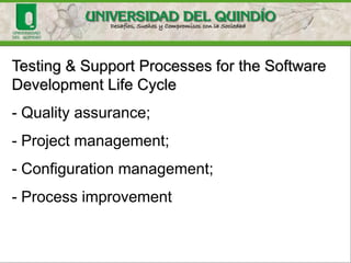 Testing & Support Processes for the Software
Development Life Cycle
- Quality assurance;
- Project management;
- Configuration management;
- Process improvement
 
