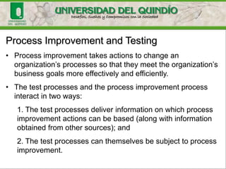 Process Improvement and Testing
• Process improvement takes actions to change an
organization’s processes so that they meet the organization’s
business goals more effectively and efficiently.
• The test processes and the process improvement process
interact in two ways:
1. The test processes deliver information on which process
improvement actions can be based (along with information
obtained from other sources); and
2. The test processes can themselves be subject to process
improvement.
 