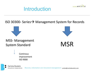 carlota@carlotabustelo.com 
Introduction 
ISO 30300- Series Management System for Records 
MSS- Management 
System Standard 
Continous 
improvement 
ISO 9000 
MSR 
 