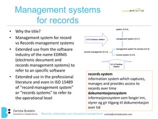 carlota@carlotabustelo.com 
Management systems 
for records 
• Why the title? 
• Management system for record 
vs Records management systems 
• Extended use from the software 
industry of the name EDRMS 
(electronic document and 
records management systems) to 
refer to an specific software 
• Extended use in the professional 
literature and even in ISO 15489 
of “record management system” 
or “records systems” to refer to 
the operational level 
records system 
information system which captures, 
manages and provides access to 
records over time 
dokumentasjonssystem 
informasjonssystem som fanger inn, 
styrer og gir tilgang til dokumentasjon 
over tid 
 