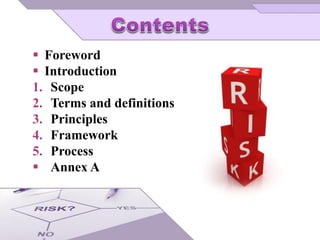  Foreword
 Introduction
1. Scope
2. Terms and definitions
3. Principles
4. Framework
5. Process
 Annex A
 