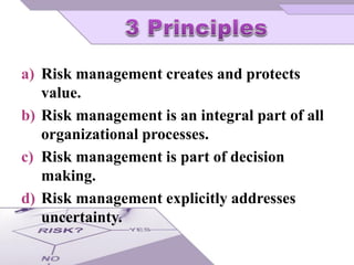 a) Risk management creates and protects
value.
b) Risk management is an integral part of all
organizational processes.
c) Risk management is part of decision
making.
d) Risk management explicitly addresses
uncertainty.
 