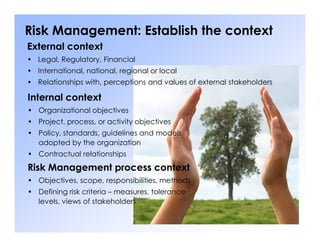 Risk Management: Establish the context
External context
• Legal, Regulatory, Financial
• International, national, regional or local
• Relationships with, perceptions and values of external stakeholders
Internal context
• Organizational objectives
• Project, process, or activity objectives
• Project, process, or activity objectives
• Policy, standards, guidelines and models
adopted by the organization
• Contractual relationships
Risk Management process context
• Objectives, scope, responsibilities, methods
• Defining risk criteria – measures, tolerance
levels, views of stakeholders
 