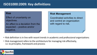 ISO31000:2009: Key definitions
• Risk definition is in line with recent trends in academic and professional organizations
• Risk management refers to the architecture for managing risk effectively,
i.e. to principles, framework and process
Risk
Effect of uncertainty on
objectives.
An effect is a deviation from the
expected – positive and/or
negative.
Risk Management
Coordinated activities to direct
and control an organization
with regard to risk.
 