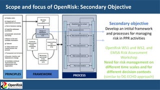 Scope and focus of OpenRisk: Secondary Objective
PRINCIPLES FRAMEWORK PROCESS
Secondary objective
Develop an intital framework
and processes for managing
risk in PPR activities
OpenRisk WS1 and WS2, and
EMSA Risk Assessment
Workshop
Need for risk management on
different time scales and for
different decision contexts
(similar to DG ECHO approach)
 