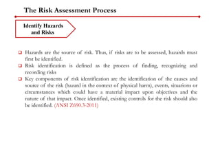 The Risk Assessment Process
Identify Hazards
and Risks
 Hazards are the source of risk. Thus, if risks are to be assessed, hazards must
first be identified.
 Risk identification is defined as the process of finding, recognizing and
recording risks
 Key components of risk identification are the identification of the causes and
source of the risk (hazard in the context of physical harm), events, situations or
circumstances which could have a material impact upon objectives and the
nature of that impact. Once identified, existing controls for the risk should also
be identified. (ANSI Z690.3-2011)
 