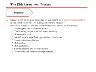 The Risk Assessment Process
Document
 Successful risk assessment processes are dependent on effective communication
among stakeholders prior to, during and after the process.
 Virtually all aspects of the risk assessment process should be documented
 Selecting the risk assessment matrix
 Determining the purpose and scope (context)
 Selecting the team
 Identifying the hazards or operations to be assessed
 Hazard/risk identification
 Risk analysis
 Risk evaluation
 Communication and documentation
 Monitoring and continuous improvement
 