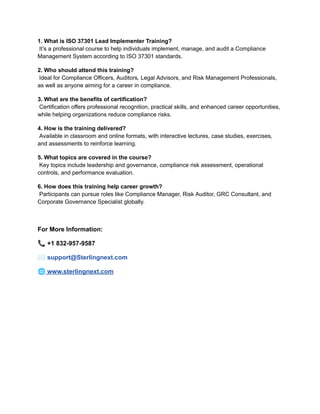 Iso 37301 Checklist.pdf ISO 37301 Lead Implementer Training – Master Compliance Management ...