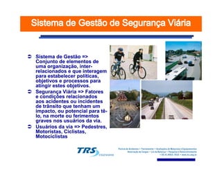 Sistema de Gestão =>Sistema de Gestão =>
Conjunto de elementos deConjunto de elementos de
uma organização, interuma organização, inter--
relacionados e que interagemrelacionados e que interagem
para estabelecer políticas,para estabelecer políticas,
objetivos e processos paraobjetivos e processos para
atingir estes objetivos.atingir estes objetivos.atingir estes objetivos.atingir estes objetivos.
Segurança Viária => FatoresSegurança Viária => Fatores
e condições relacionadose condições relacionados
aos acidentes ou incidentesaos acidentes ou incidentes
de trânsito que tenham umde trânsito que tenham um
impacto, ou potencial para têimpacto, ou potencial para tê--
lo, na morte ou ferimentoslo, na morte ou ferimentos
graves nos usuários da via.graves nos usuários da via.
Usuários da via => Pedestres,Usuários da via => Pedestres,
Motoristas, Ciclistas,Motoristas, Ciclistas,
MotociclistasMotociclistas
 