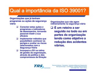 Organizações que já tenhamOrganizações que já tenham
programas ou ações de segurançaprogramas ou ações de segurança
viáriaviária
Conectar estas ações eConectar estas ações e
programas a indicadoresprogramas a indicadores
de desempenho, tornandode desempenho, tornando
possível medir a suapossível medir a sua
eficáciaeficácia
Implementar métodos queImplementar métodos que
Organizações que não agemOrganizações que não agem
rotineiramente na segurança viáriarotineiramente na segurança viária
É um roteiro a serÉ um roteiro a ser
seguido no todo ou emseguido no todo ou em
partes da organizaçãopartes da organização
tendo como objetivo atendo como objetivo aImplementar métodos queImplementar métodos que
possibilitem conhecer ospossibilitem conhecer os
perigos e avaliar os riscosperigos e avaliar os riscos
relacionados com arelacionados com a
Segurança ViáriaSegurança Viária
Incorpora a SV na rotinaIncorpora a SV na rotina
de gestão da organização,de gestão da organização,
através da política e dosatravés da política e dos
compromissos da Direçãocompromissos da Direção
tendo como objetivo atendo como objetivo a
redução dos acidentesredução dos acidentes
viários.viários.
 