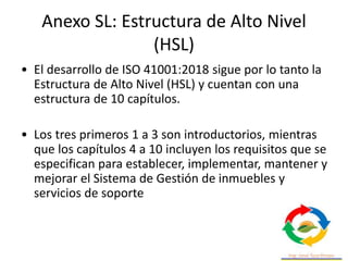 Anexo SL: Estructura de Alto Nivel
(HSL)
• El desarrollo de ISO 41001:2018 sigue por lo tanto la
Estructura de Alto Nivel (HSL) y cuentan con una
estructura de 10 capítulos.
• Los tres primeros 1 a 3 son introductorios, mientras
que los capítulos 4 a 10 incluyen los requisitos que se
especifican para establecer, implementar, mantener y
mejorar el Sistema de Gestión de inmuebles y
servicios de soporte
 