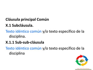 Cláusula principal Común
X.1 Subcláusula.
Texto idéntico común y/o texto específico de la
disciplina.
X.1.1 Sub-sub-cláusula
Texto idéntico común y/o texto específico de la
disciplina
 