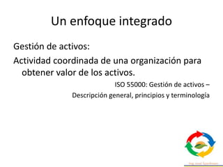Un enfoque integrado
Gestión de activos:
Actividad coordinada de una organización para
obtener valor de los activos.
ISO 55000: Gestión de activos –
Descripción general, principios y terminología
 
