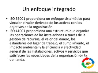 Un enfoque integrado
• ISO 55001 proporciona un enfoque sistemático para
vincular el valor derivado de los activos con los
objetivos de la organización.
• ISO 41001 proporciona una estructura que organiza
las operaciones de las instalaciones a través de la
gestión de recursos, el valor del dinero, los
estándares del lugar de trabajo, el cumplimiento, el
impacto ambiental y la eficiencia y efectividad
general de las instalaciones, activos y servicios que
satisfacen las necesidades de la organización de la
demanda.
 