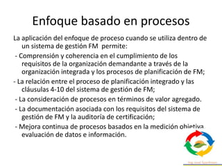 Enfoque basado en procesos
La aplicación del enfoque de proceso cuando se utiliza dentro de
un sistema de gestión FM permite:
- Comprensión y coherencia en el cumplimiento de los
requisitos de la organización demandante a través de la
organización integrada y los procesos de planificación de FM;
- La relación entre el proceso de planificación integrado y las
cláusulas 4-10 del sistema de gestión de FM;
- La consideración de procesos en términos de valor agregado.
- La documentación asociada con los requisitos del sistema de
gestión de FM y la auditoría de certificación;
- Mejora continua de procesos basados ​​en la medición objetiva,
evaluación de datos e información.
 
