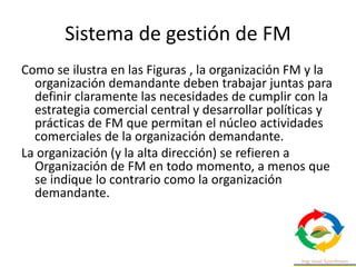 Sistema de gestión de FM
Como se ilustra en las Figuras , la organización FM y la
organización demandante deben trabajar juntas para
definir claramente las necesidades de cumplir con la
estrategia comercial central y desarrollar políticas y
prácticas de FM que permitan el núcleo actividades
comerciales de la organización demandante.
La organización (y la alta dirección) se refieren a
Organización de FM en todo momento, a menos que
se indique lo contrario como la organización
demandante.
 