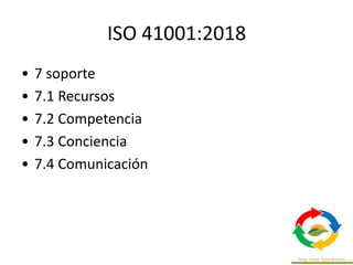 ISO 41001:2018
• 7 soporte
• 7.1 Recursos
• 7.2 Competencia
• 7.3 Conciencia
• 7.4 Comunicación
 