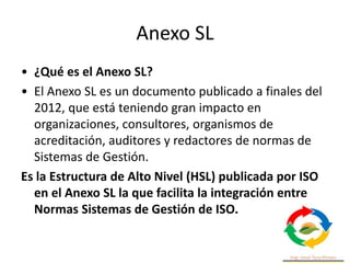 Anexo SL
• ¿Qué es el Anexo SL?
• El Anexo SL es un documento publicado a finales del
2012, que está teniendo gran impacto en
organizaciones, consultores, organismos de
acreditación, auditores y redactores de normas de
Sistemas de Gestión.
Es la Estructura de Alto Nivel (HSL) publicada por ISO
en el Anexo SL la que facilita la integración entre
Normas Sistemas de Gestión de ISO.
 