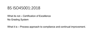 BS ISO45001:2018
What its not – Certification of Excellence
No Grading System
What it is – Process approach to compliance and continual improvement.
 