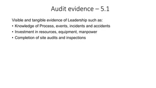Audit evidence – 5.1
Visible and tangible evidence of Leadership such as:
• Knowledge of Process, events, incidents and accidents
• Investment in resources, equipment, manpower
• Completion of site audits and inspections
 