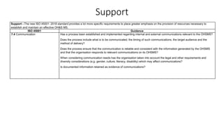 Support
Support - The new ISO 45001: 2018 standard provides a lot more specific requirements to place greater emphasis on the provision of resources necessary to
establish and maintain an effective OH&S MS.
ISO 45001 Guidance
7.4 Communication Has a process been established and implemented regarding internal and external communications relevant to the OHSMS?
Does the process include what is to be communicated, the timing of such communications, the target audience and the
method of delivery?
Does the process ensure that the communication is reliable and consistent with the information generated by the OHSMS
and that the organisation responds to relevant communications on its OHSMS?
When considering communication needs has the organisation taken into account the legal and other requirements and
diversity considerations (e.g. gender, culture, literacy, disability) which may affect communications?
Is documented information retained as evidence of communications?
 