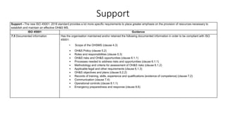 Support
Support - The new ISO 45001: 2018 standard provides a lot more specific requirements to place greater emphasis on the provision of resources necessary to
establish and maintain an effective OH&S MS.
ISO 45001 Guidance
7.5 Documented information Has the organisation maintained and/or retained the following documented information in order to be compliant with ISO
45001:
• Scope of the OHSMS (clause 4.3)
• OH&S Policy (clause 5.2)
• Roles and responsibilities (clause 5.3)
• OH&S risks and OH&S opportunities (clause 6.1.1)
• Processes needed to address risks and opportunities (clause 6.1.1)
• Methodology and criteria for assessment of OH&S risks (clause 6.1.2)
• Applicable legal and other requirements (clause 6.1.3)
• OH&S objectives and plans (clause 6.2.2)
• Records of training, skills, experience and qualifications (evidence of competence) (clause 7.2)
• Communication (clause 7.4)
• Operational controls (clause 8.1.1)
• Emergency preparedness and response (clause 8.6)
 