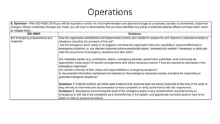 Operations
8. Operation - With ISO 45001:2018 you will be required to control not only implementation and planned changes to processes, but also to unintended, unplanned
changes. Where unintended changes are made, you will have to demonstrate that you have identified any actual or potential adverse effects and have taken action
to mitigate them.
ISO 45001 Guidance
8.2 Emergency preparedness and
response
Has the organisation established and implemented process (es) needed to prepare for and respond to potential emergency
situations, including the provision of first aid?
Are the emergency plans ready to be triggered and does the organisation have the capability to respond effectively to
emergency situations i.e. are planned response actions periodically tested, reviewed and revised if necessary, in particular
after the occurrence of emergency situations and after tests?
Are interested parties (e.g. contractors, visitors, emergency services, government authorities, local community as
appropriate) made aware of relevant arrangements (and where necessary trained if they are required to participate in the
emergency response)?
Are workers informed of their duties and responsibilities in emergency situations?
Is documented information maintained and retained on the emergency response process and plans for responding to
potential emergency situations?
Guidance 1: External auditors will either seek evidence that response tests are being conducted at the time of the audit or
they will rely on interviews and documentation of tests completed to verify conformance with this requirement.
Guidance 2: discrepancy found during the audit of the emergency plans or any incident which occurred during an
emergency or drill has to be considered as a nonconformity in the system, and appropriate corrective actions have to be
taken in order to prevent recurrence.
 