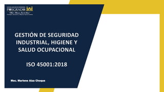 GESTIÓN DE SEGURIDAD
INDUSTRIAL, HIGIENE Y
SALUD OCUPACIONAL
ISO 45001:2018
Msc. Marlene Aiza Choque
 